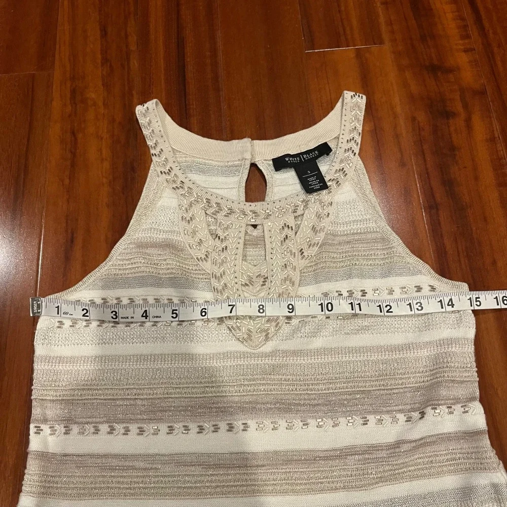WHBM Knit‎ Tank Top White House Black Market Beaded Beige Metallic Stripe Small